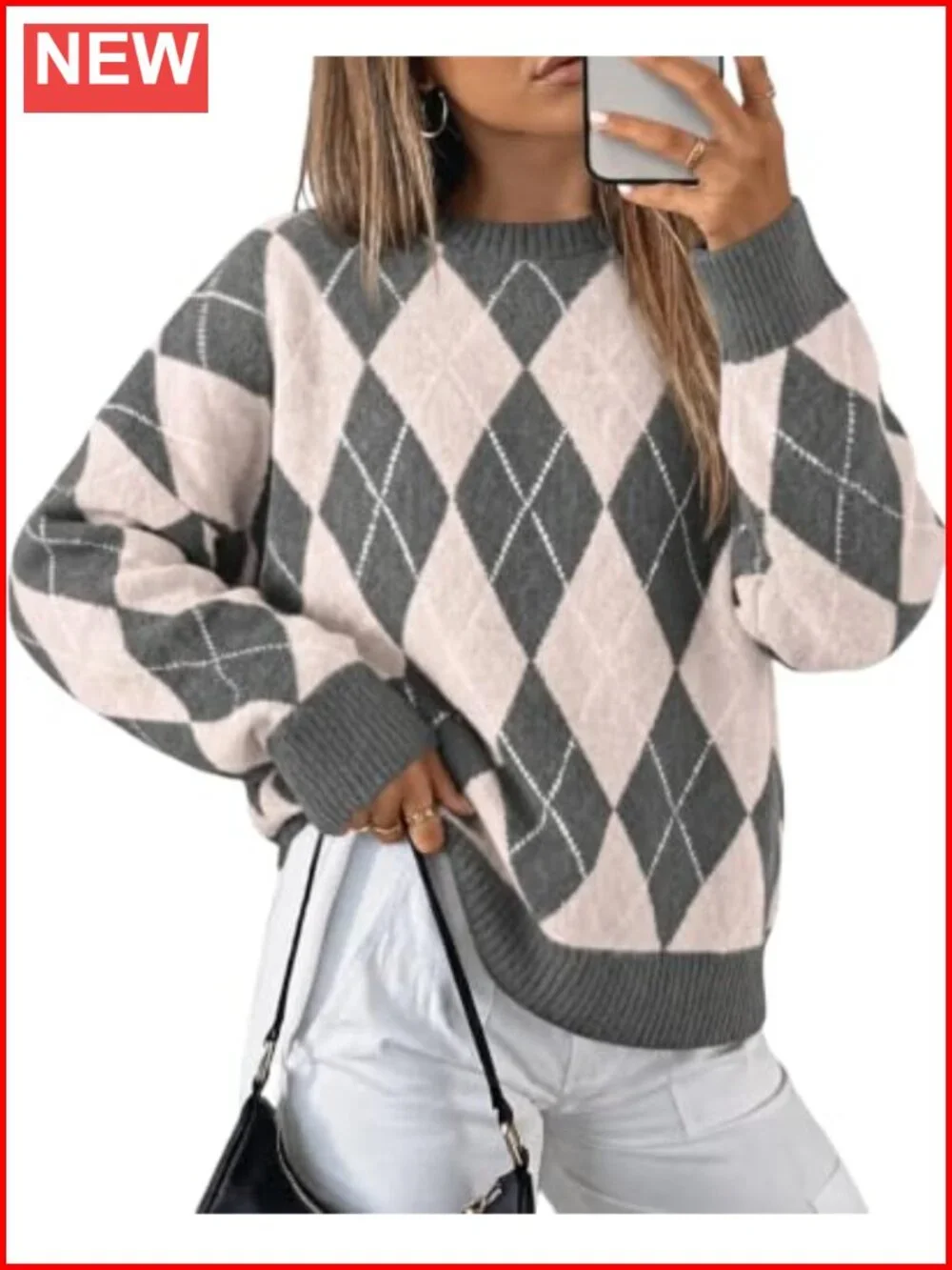 Oversized Argyle Plaid Knit Pullover Sweater Long Sleeve Crew Neck